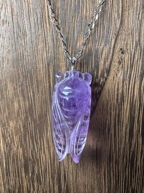 Amethyst Cicada Pendant Necklace, Sterling Silver Bail, Stainless Steel Chain